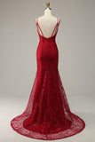 Correas de Espagueti Rojo Oscuro Sirena Vestido de Fiesta