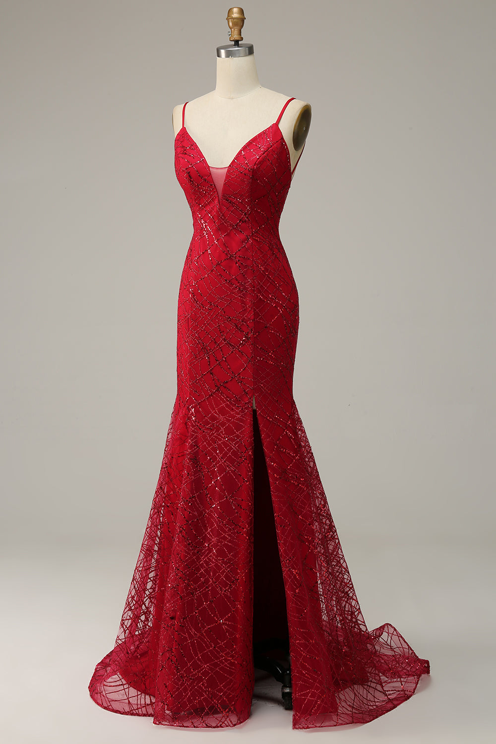 Correas de Espagueti Rojo Oscuro Sirena Vestido de Fiesta