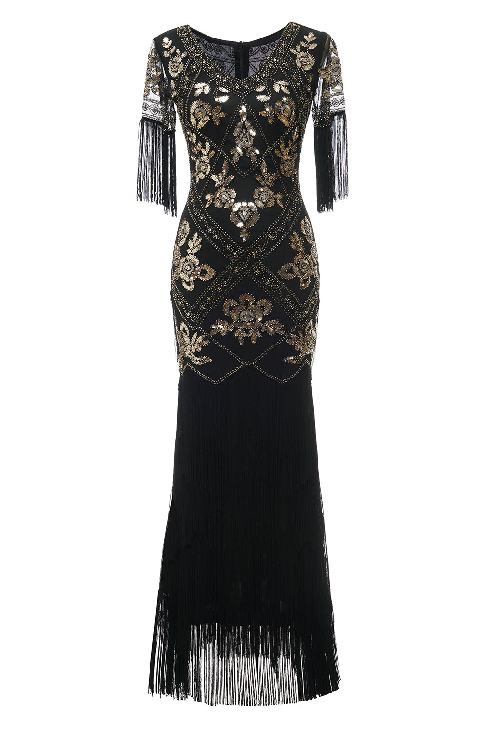 V Cuello Negro 1920s Vestido Con Lentejuelas y Flecos