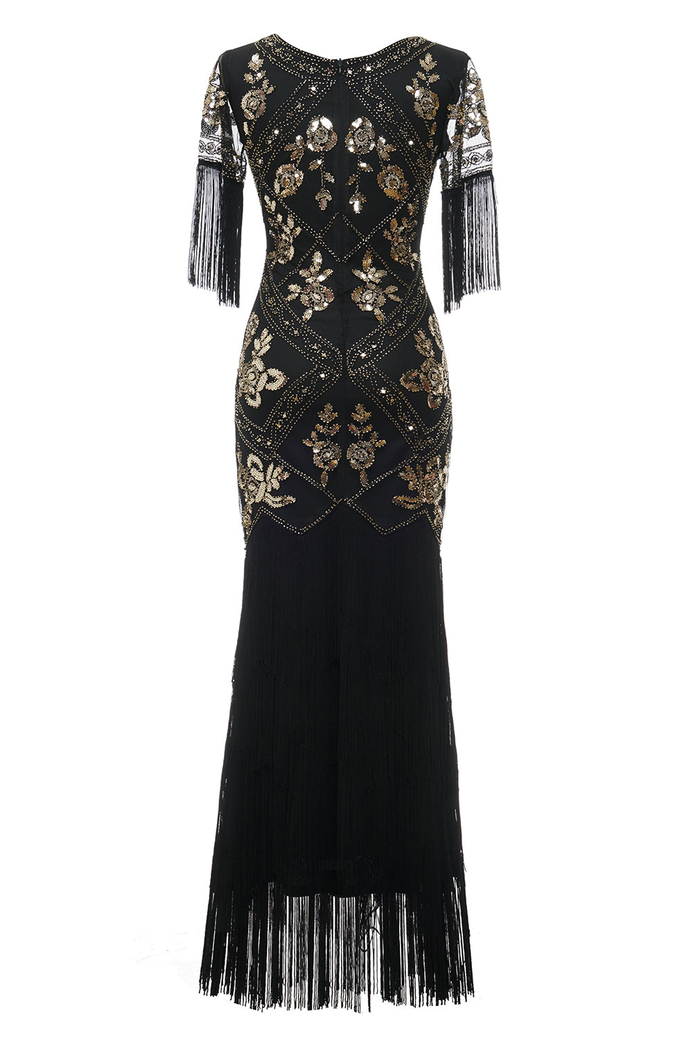 V Cuello Negro 1920s Vestido Con Lentejuelas y Flecos