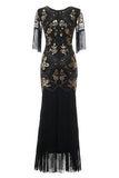 V Cuello Negro 1920s Vestido Con Lentejuelas y Flecos