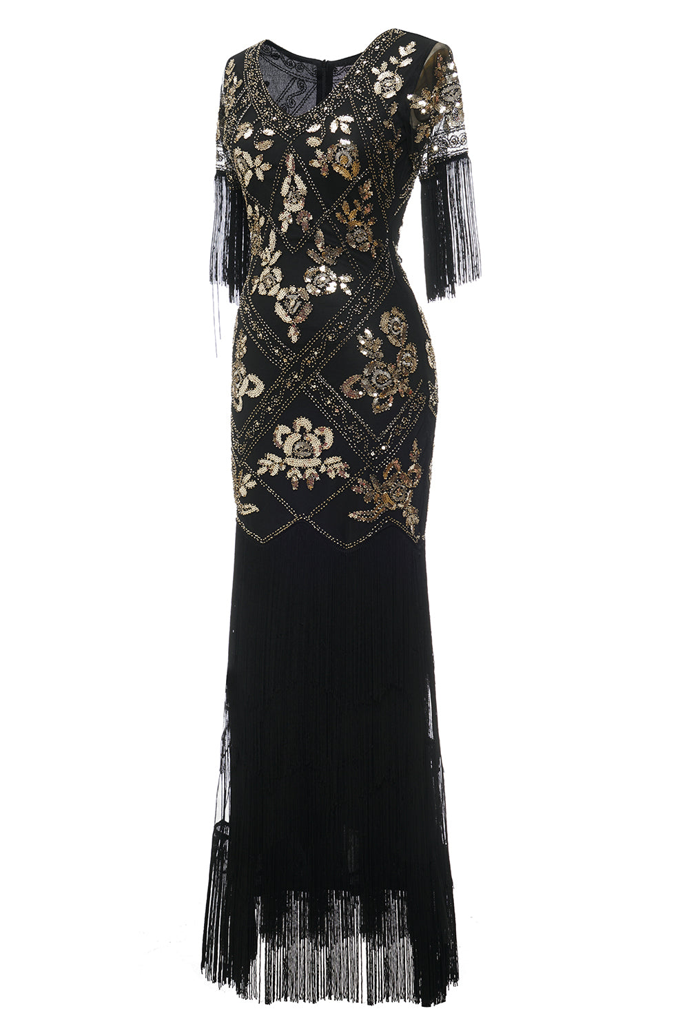 V Cuello Negro 1920s Vestido Con Lentejuelas y Flecos