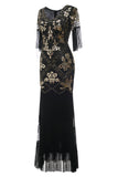 V Cuello Negro 1920s Vestido Con Lentejuelas y Flecos