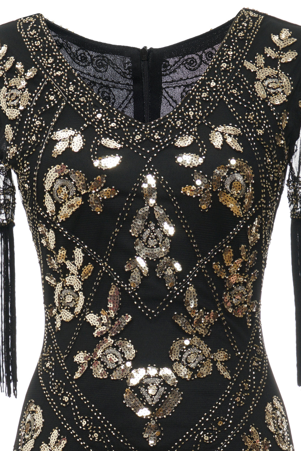 V Cuello Negro 1920s Vestido Con Lentejuelas y Flecos