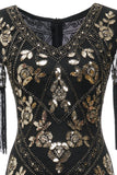 V Cuello Negro 1920s Vestido Con Lentejuelas y Flecos