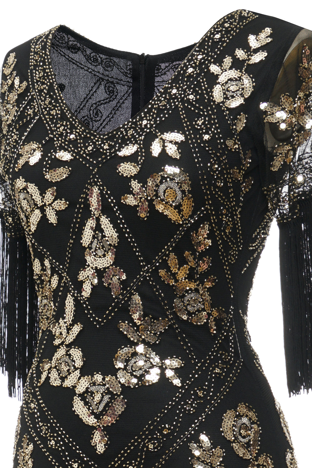 V Cuello Negro 1920s Vestido Con Lentejuelas y Flecos