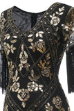 V Cuello Negro 1920s Vestido Con Lentejuelas y Flecos