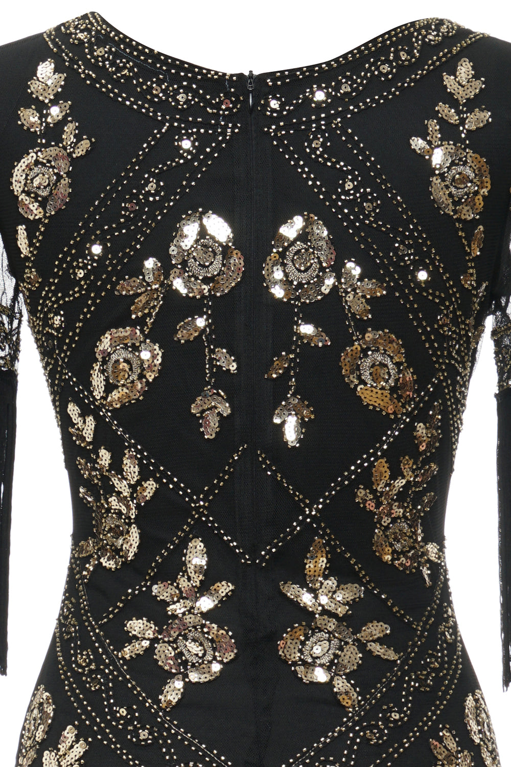 V Cuello Negro 1920s Vestido Con Lentejuelas y Flecos