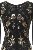 V Cuello Negro 1920s Vestido Con Lentejuelas y Flecos