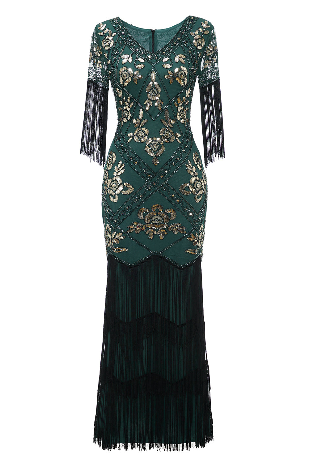 V Cuello Negro 1920s Vestido Con Lentejuelas y Flecos