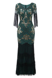 V Cuello Negro 1920s Vestido Con Lentejuelas y Flecos