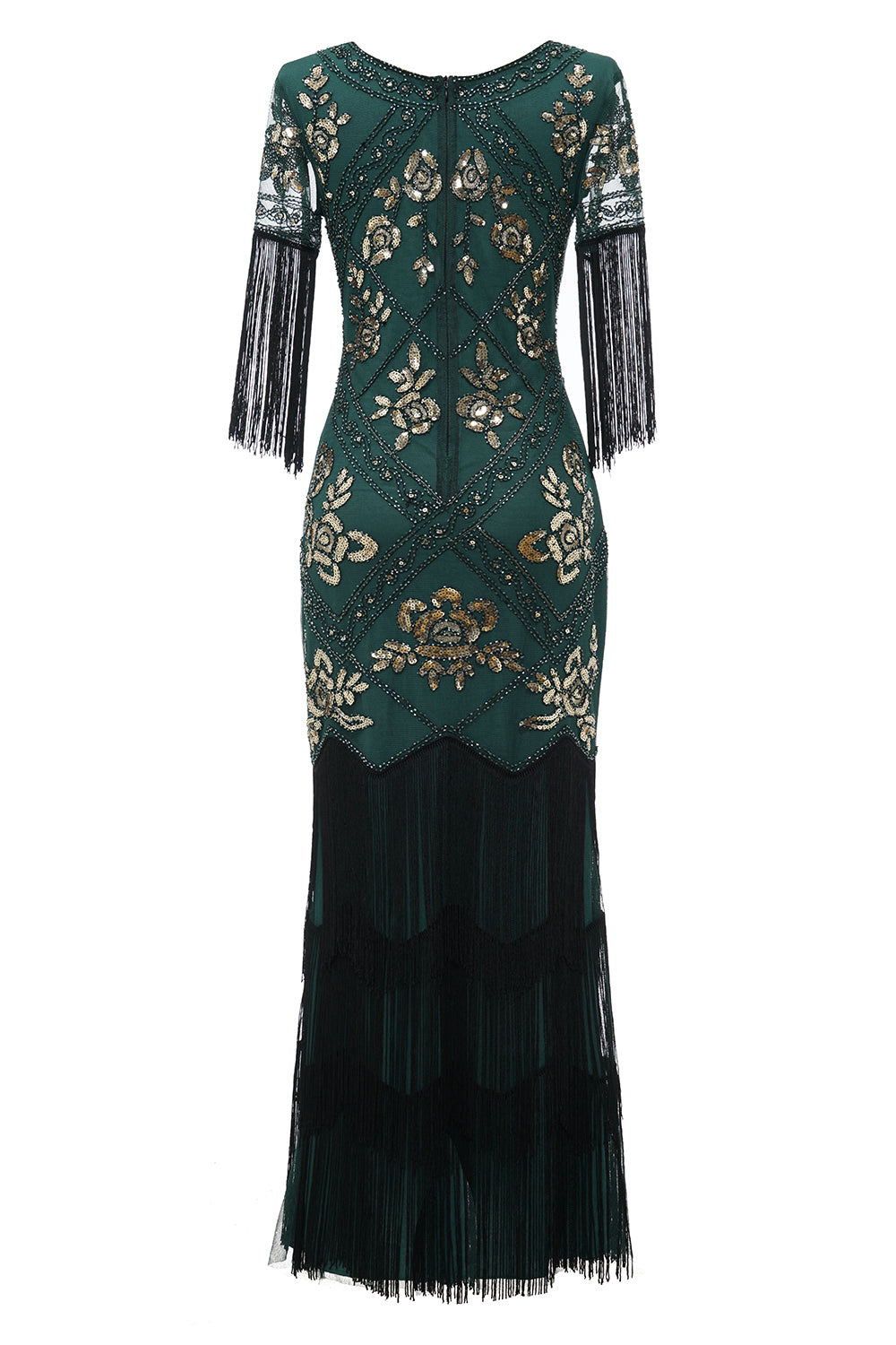V Cuello Negro 1920s Vestido Con Lentejuelas y Flecos