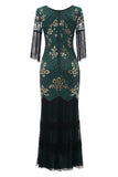 V Cuello Negro 1920s Vestido Con Lentejuelas y Flecos