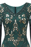 V Cuello Negro 1920s Vestido Con Lentejuelas y Flecos