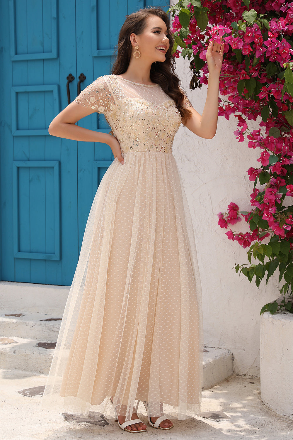 A Línea Tul Vestido de Fiesta Con Apliques Albaricoque