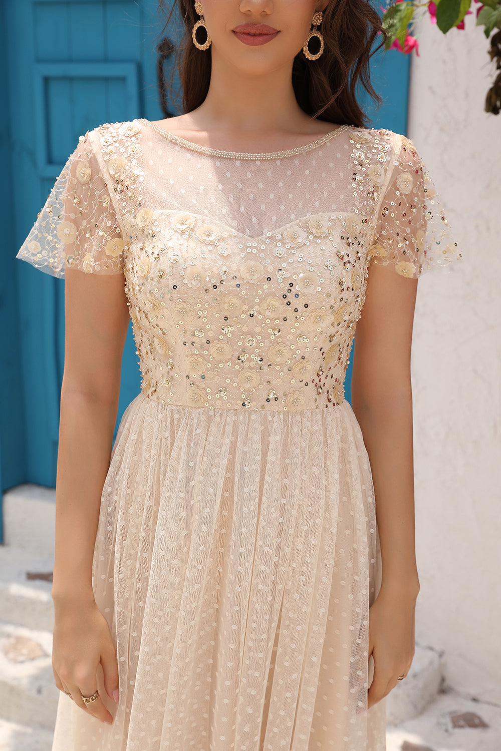 A Línea Tul Vestido de Fiesta Con Apliques Albaricoque