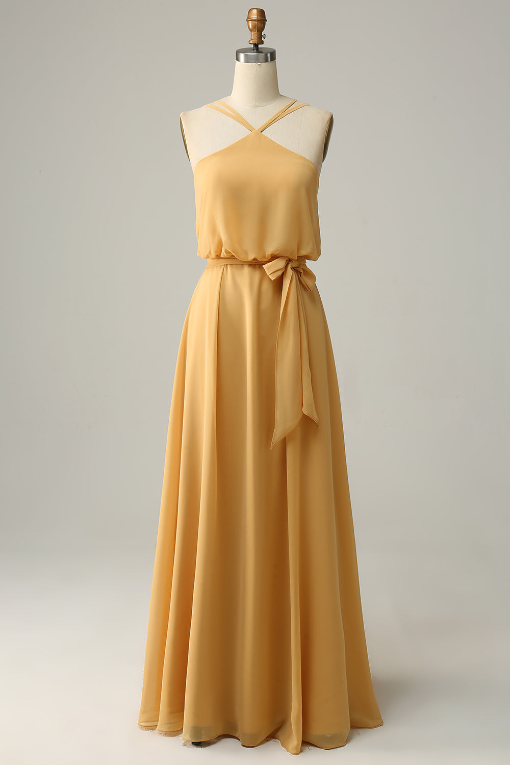 A Línea Halter Amarillo Vestido de Dama de Honor