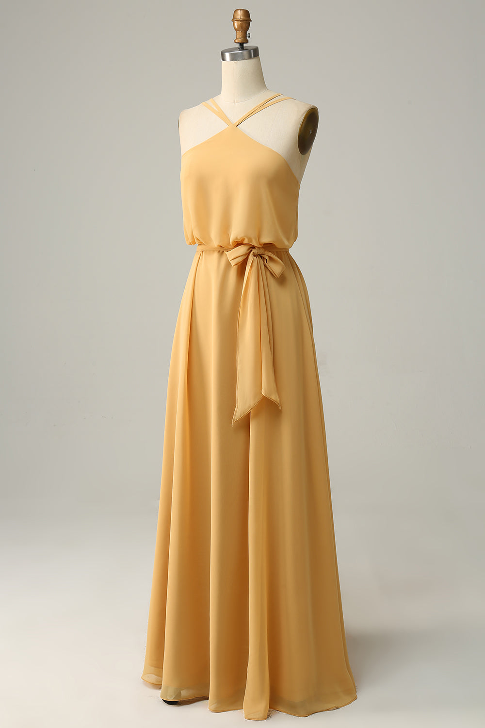 A Línea Halter Amarillo Vestido de Dama de Honor