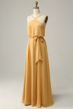 A Línea Halter Amarillo Vestido de Dama de Honor