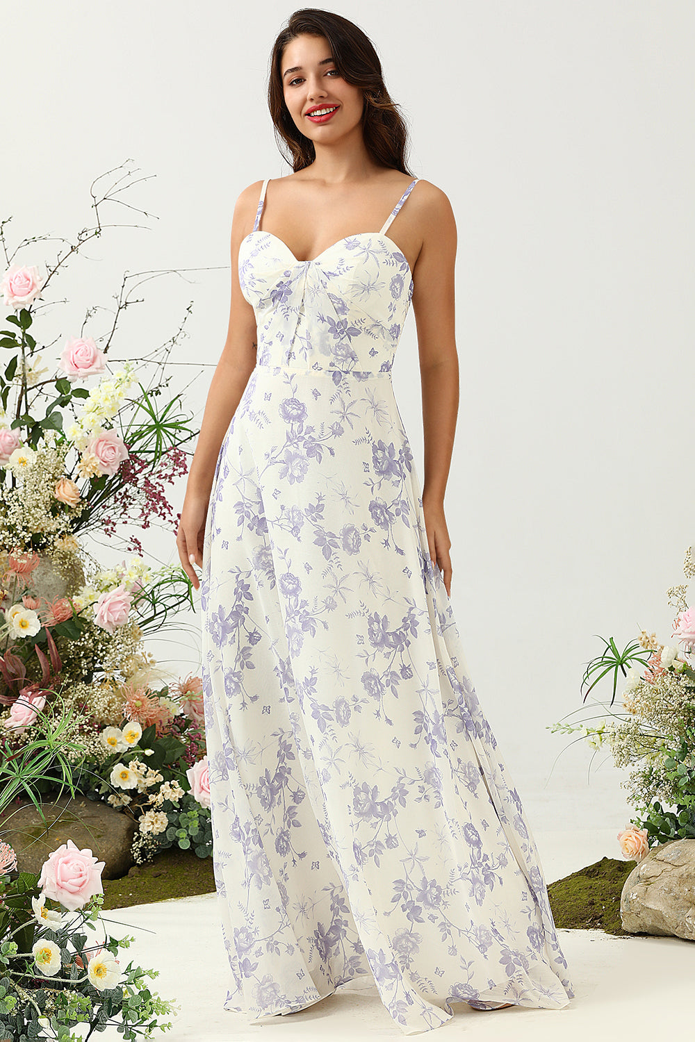 A Línea Correas de Espagueti Flor Estampado Vestido de Dama de Honor