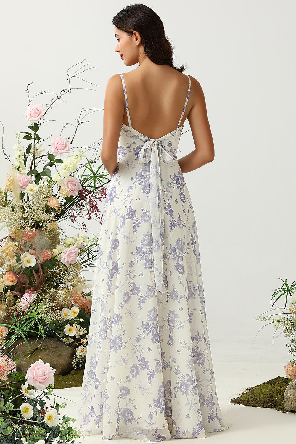 A Línea Correas de Espagueti Flor Estampado Vestido de Dama de Honor