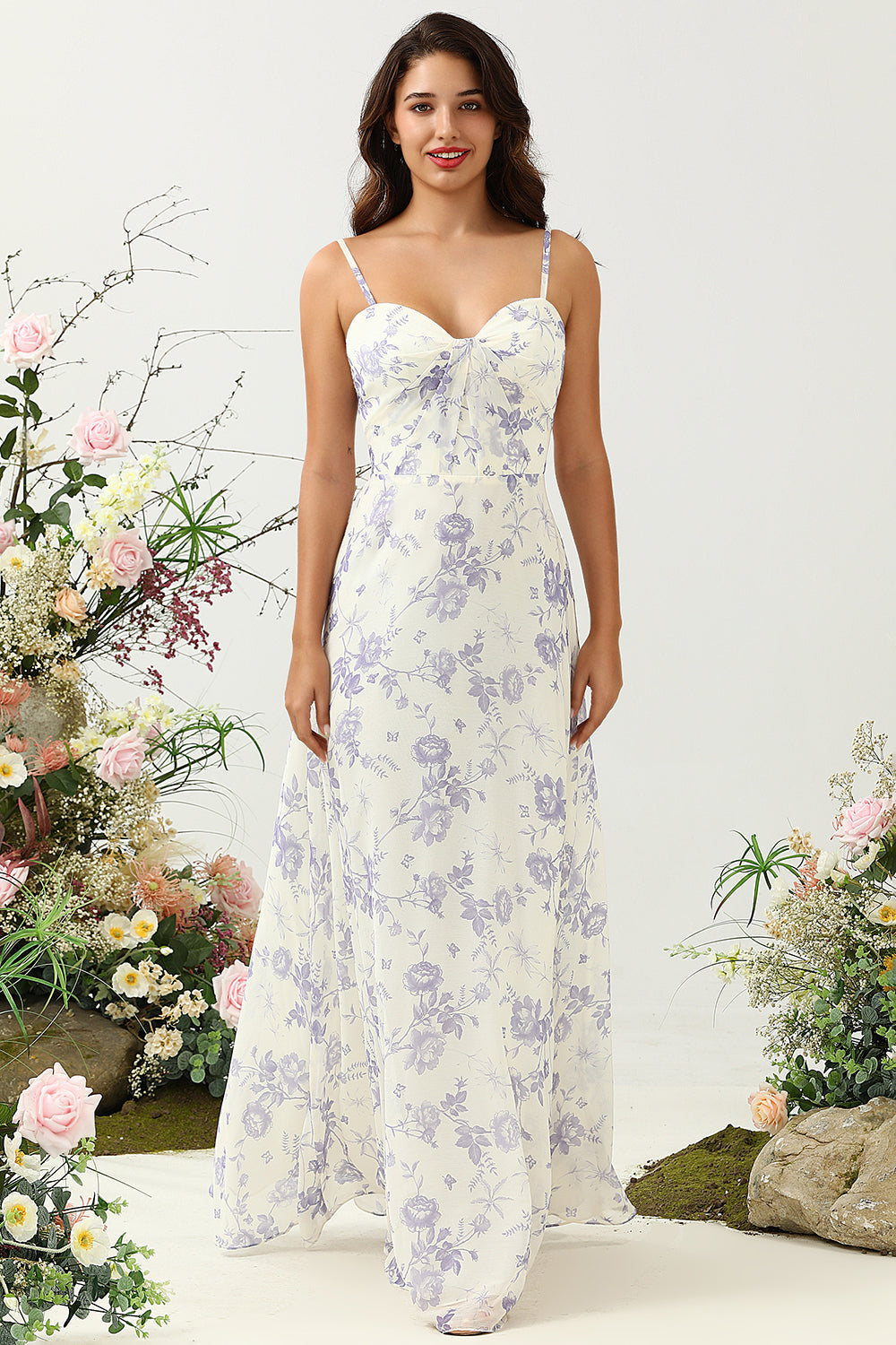 A Línea Correas de Espagueti Flor Estampado Vestido de Dama de Honor