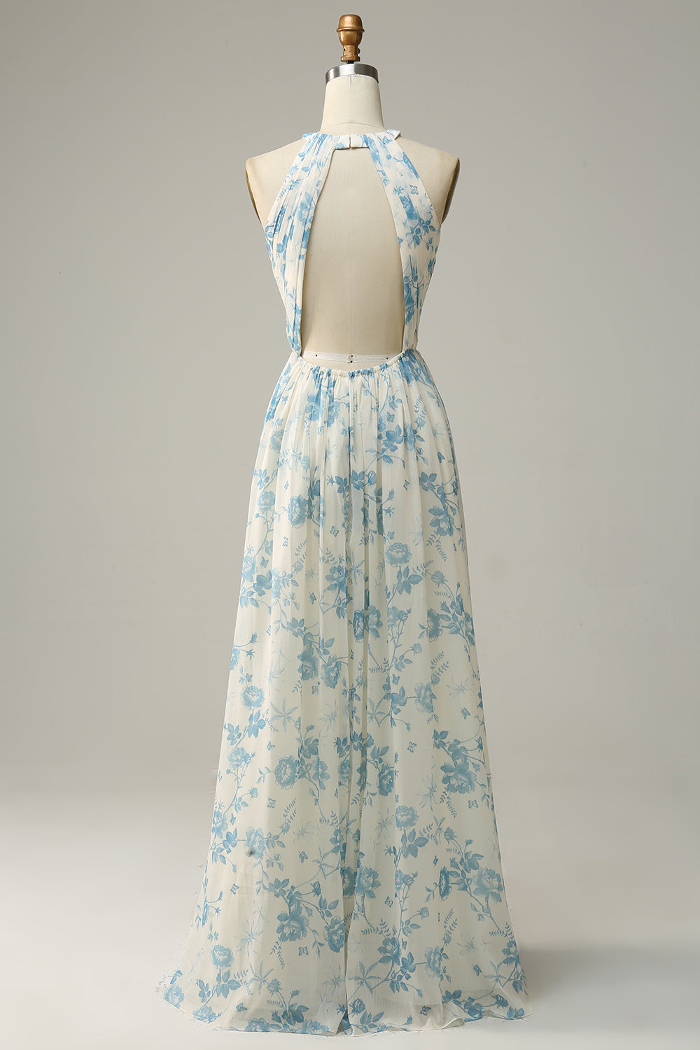 Vestido de dama de honor azul floral Boho Long Chiffon