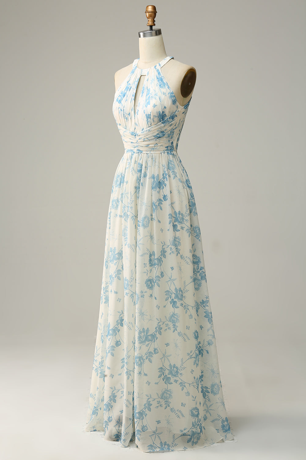 Vestido de dama de honor azul floral Boho Long Chiffon