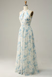 Vestido de dama de honor azul floral Boho Long Chiffon