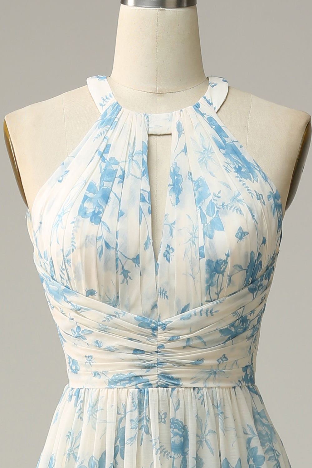 Vestido de dama de honor azul floral Boho Long Chiffon