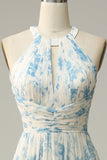Vestido de dama de honor azul floral Boho Long Chiffon