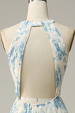 Vestido de dama de honor azul floral Boho Long Chiffon