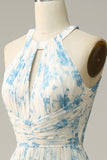 Vestido de dama de honor azul floral Boho Long Chiffon