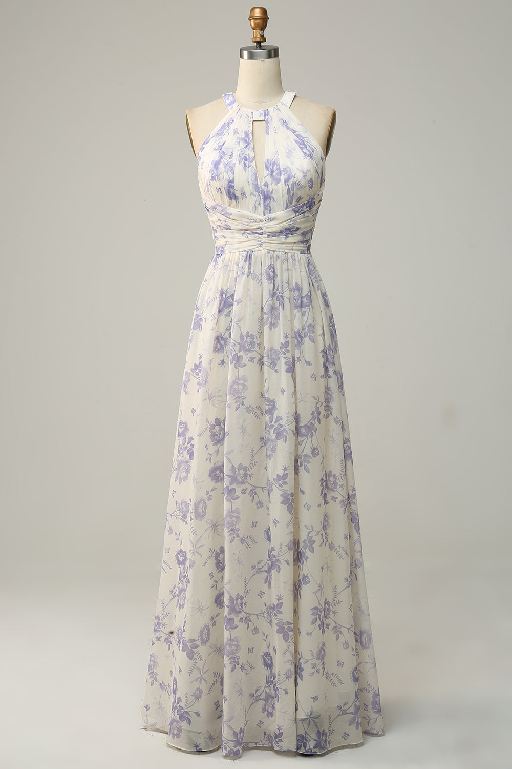 Vestido de dama de honor azul floral Boho Long Chiffon