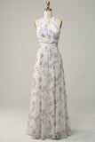 Vestido de dama de honor azul floral Boho Long Chiffon