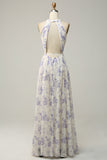 Vestido de dama de honor azul floral Boho Long Chiffon