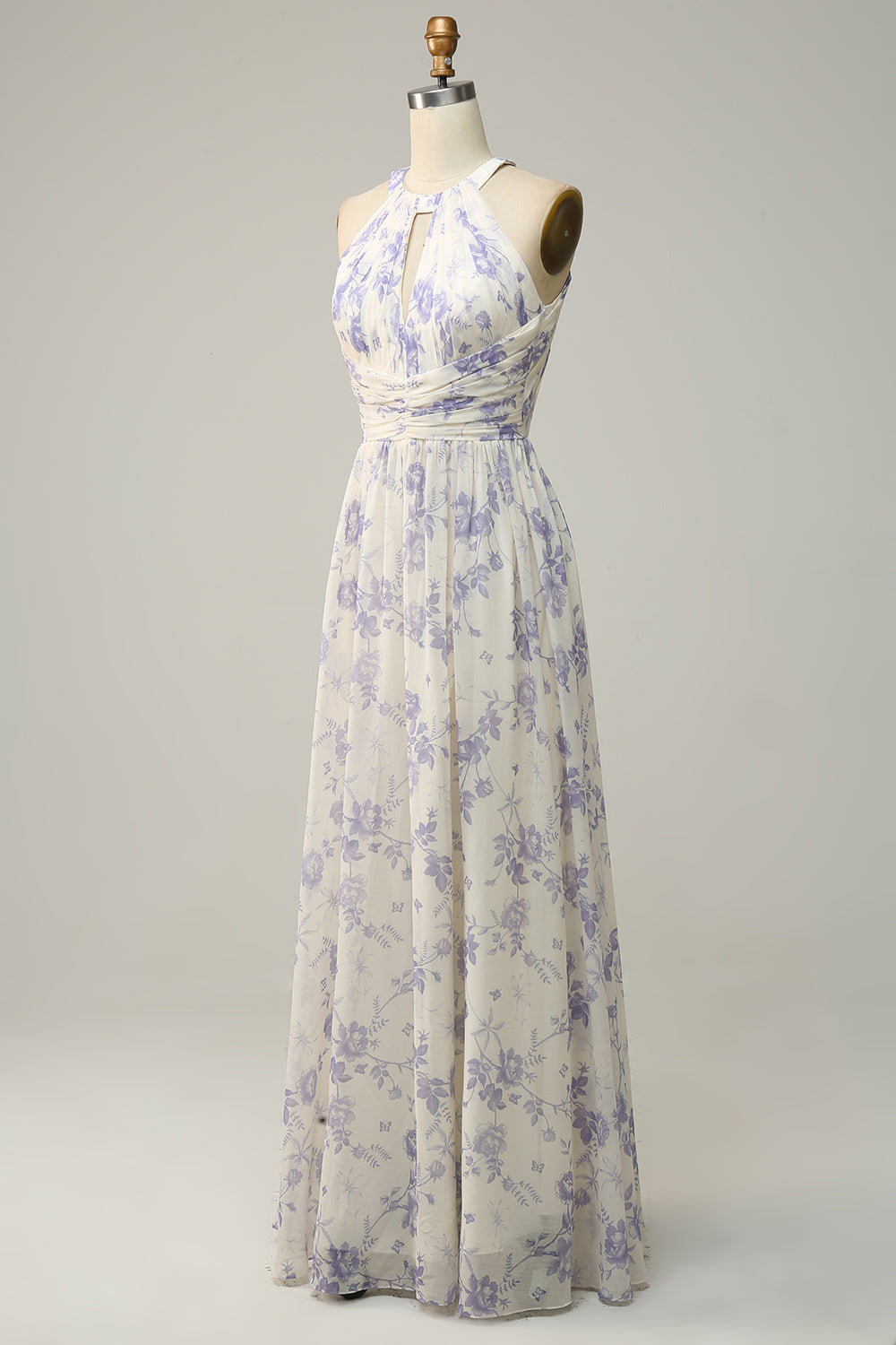 Vestido de dama de honor azul floral Boho Long Chiffon