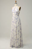 Vestido de dama de honor azul floral Boho Long Chiffon