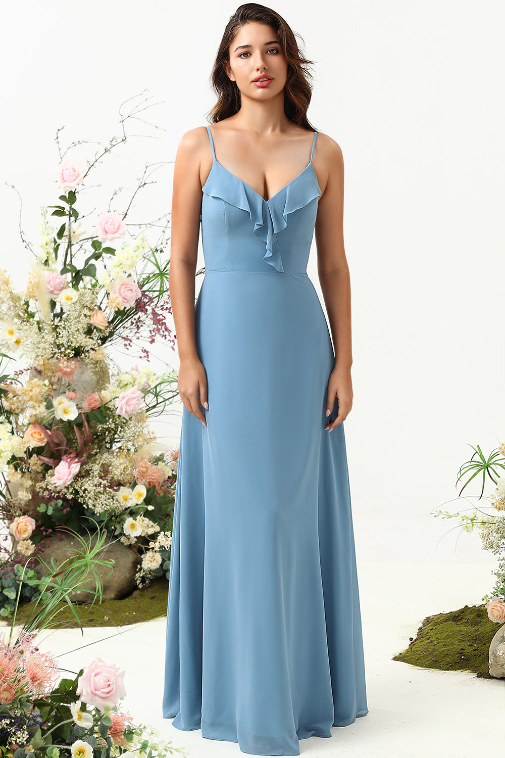 A Línea Correas de Espagueti Gris Azul Vestido de Dama de Honor