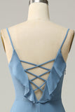 A Línea Correas de Espagueti Gris Azul Vestido de Dama de Honor