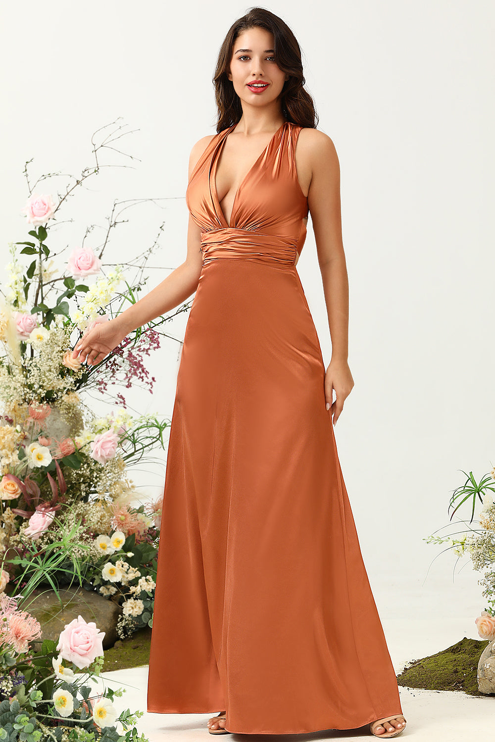 A Línea Halter Cobre Vestido de Dama de Honor