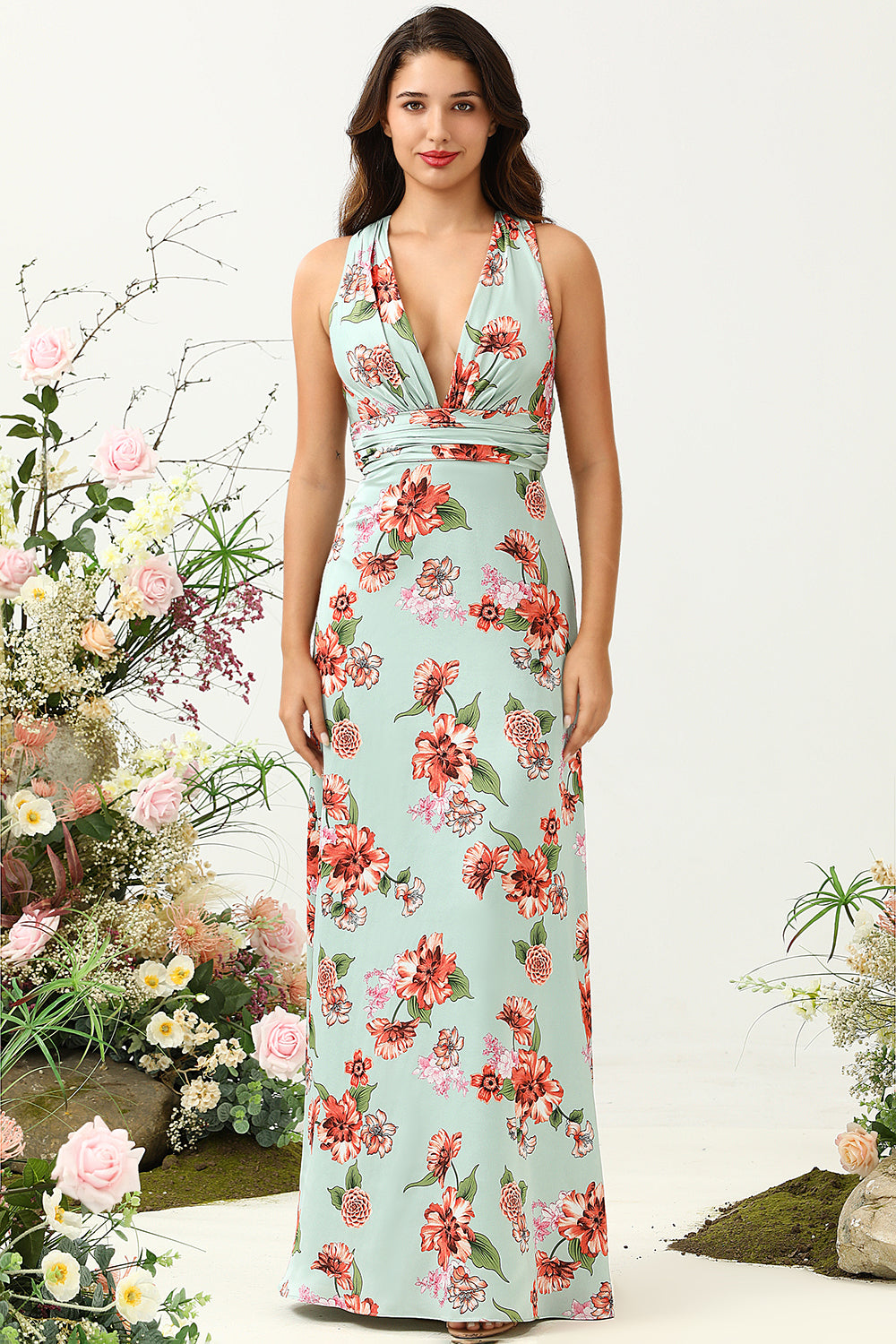 A Línea Cuello en V Verde Estampado Vestido de Dama de Honor