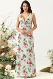 A Línea Cuello en V Verde Estampado Vestido de Dama de Honor