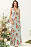 A Línea Cuello en V Verde Estampado Vestido de Dama de Honor