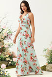 A Línea Cuello en V Verde Estampado Vestido de Dama de Honor