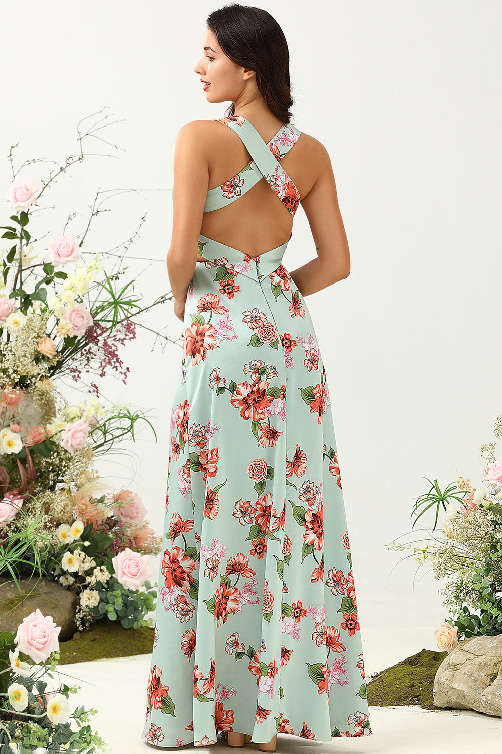 A Línea Cuello en V Verde Estampado Vestido de Dama de Honor