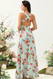 A Línea Cuello en V Verde Estampado Vestido de Dama de Honor