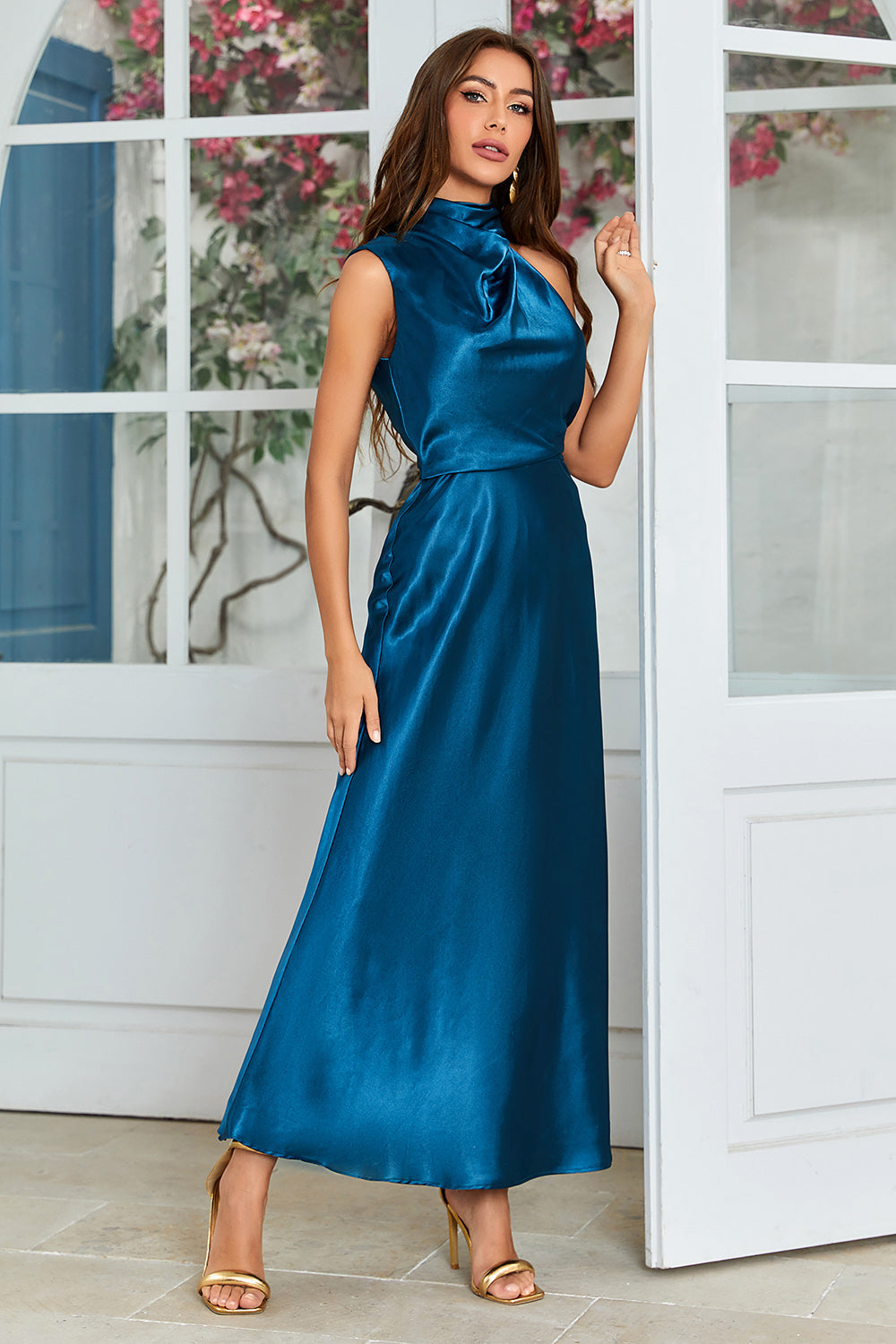 Tinta Azul Cuello Redondo Vestido Invitada Boda