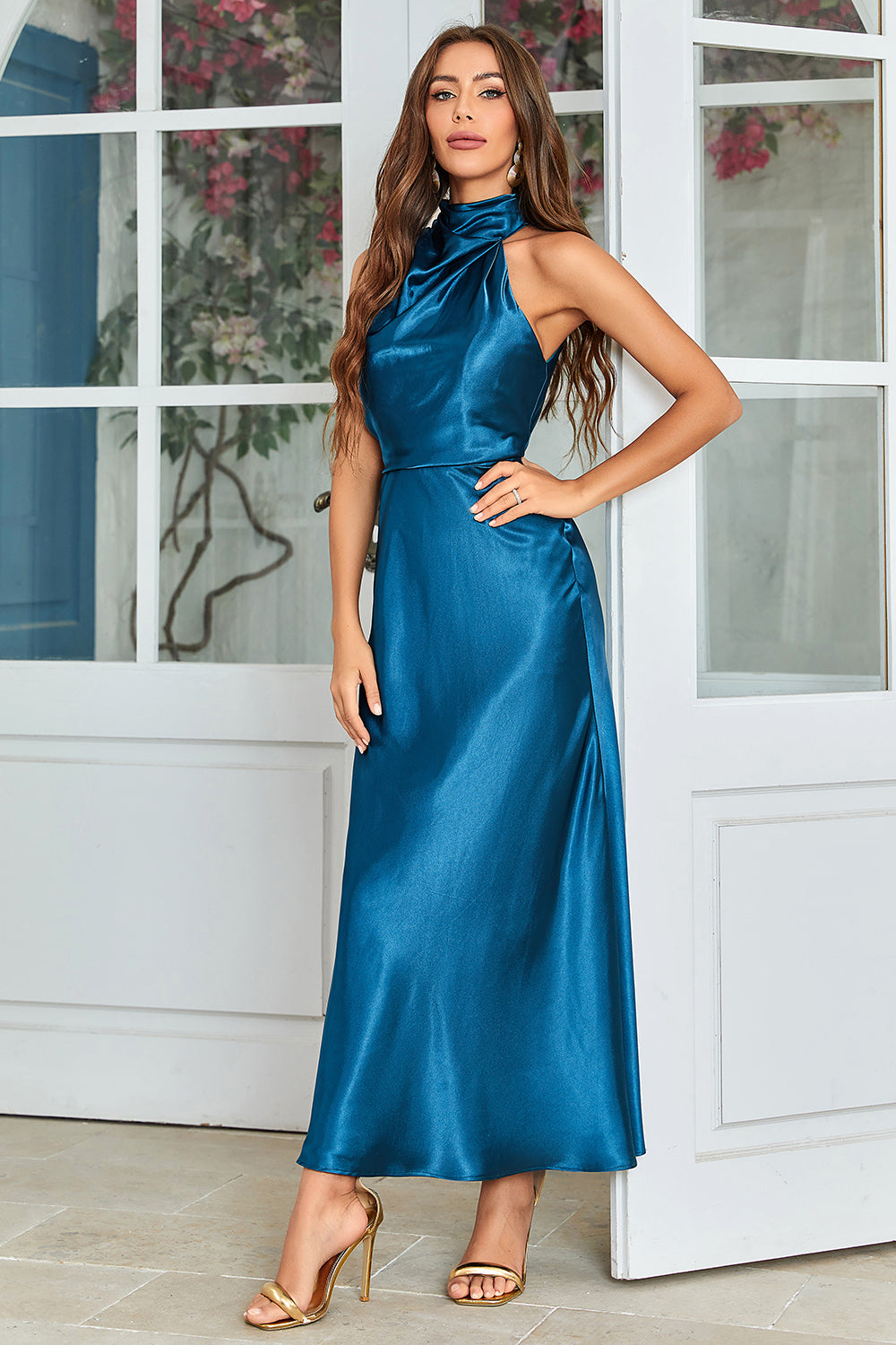 Tinta Azul Cuello Redondo Vestido Invitada Boda