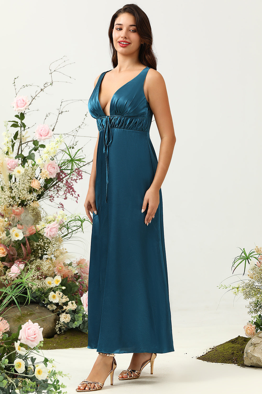 Vestido de Dama de Honor Satín Azul Tinta